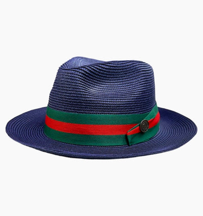 Navy Blue Bruno Capelo Luxury Men's Summer Hat Green and Red Brim