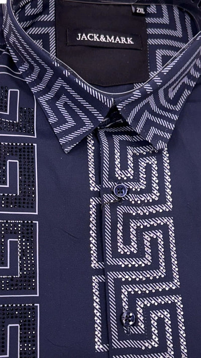 Navy Blue Men's Long Sleeve Shirt Stretch Material Greek Key Print with Dimond Stone