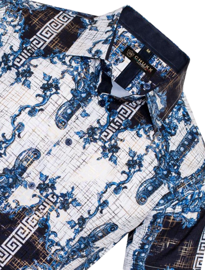 Navy Blue Men's Multi Color Summer Short Sleeve Shirt Greek Key Style No: FLS-2588 - DESIGN MENSWEAR