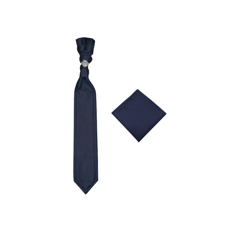 Navy Blue Necktie Cravat with Sliver Diamonds Ring and Handkerchief Set