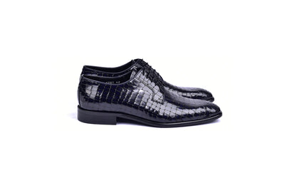 Navy Men's Lace-Up Italian Leather Shoes Croco Print C01507-6291C By Corrente