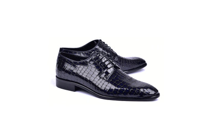 Navy Men's Lace-Up Italian Leather Shoes Croco Print C01507-6291C By Corrente