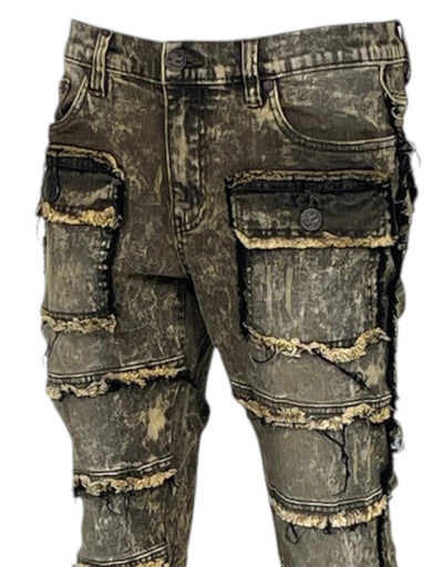 Olive Stacked Jeans Men's Denim Pants Frayed Stack Fit with Pockets - DESIGN MENSWEAR