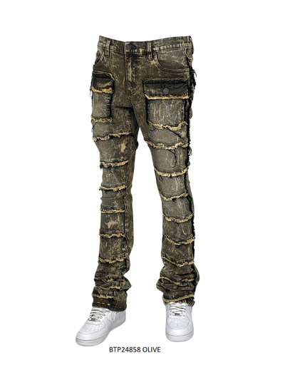 Olive Stacked Jeans Men's Denim Pants Frayed Stack Fit with Pockets - DESIGN MENSWEAR