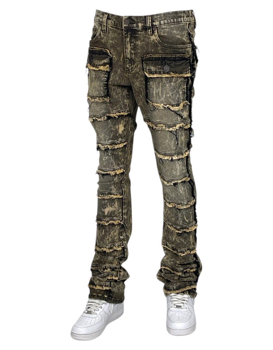 Olive Stacked Jeans Men's Denim Pants Frayed Stack Fit with Pockets ...
