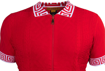 Prestige Red Full Zipper Polo T-Shirt Greek Key Luxury Style-220 Red