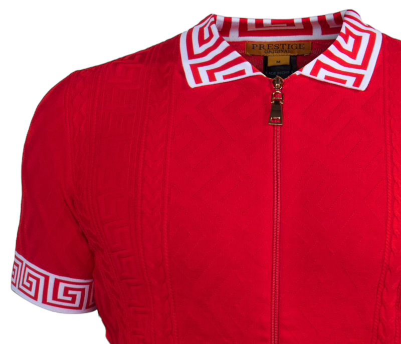 Prestige Red Full Zipper Polo T-Shirt Greek Key Luxury Style-220 Red