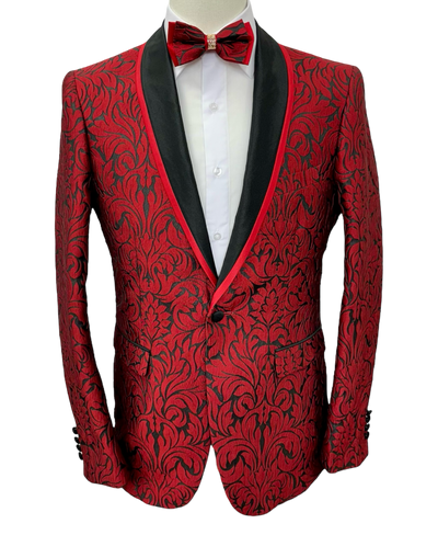 Red Men's Paisley Blazer Luxury Design Shall Lapel Slim-Fit with Bowtie