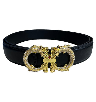 Men's Fashion Design Black Belt Genuine Leather Gold Diamonds Stone Buckle