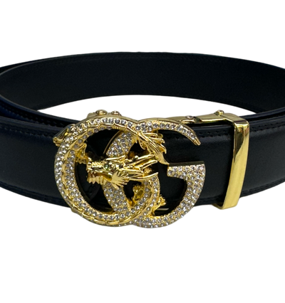 New Luxury Fashion Design Men's Black Belt Diamonds Gold Buckle