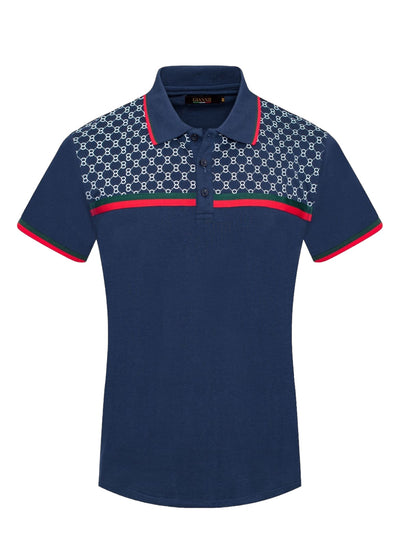 Navy Blue Men's Luxury Design Short Sleeve Polo Italy Design Red and Green Strip