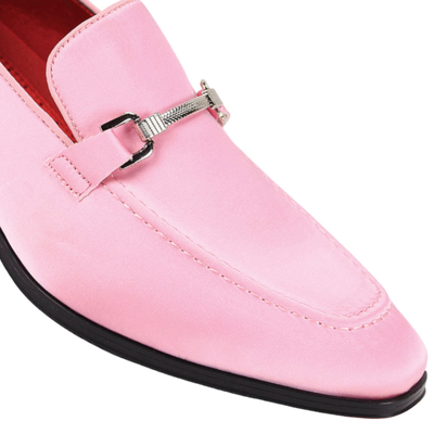 Pink Men's Elegant Formal Satin Material Slip-On Loafer Shoes Sliver Buckle