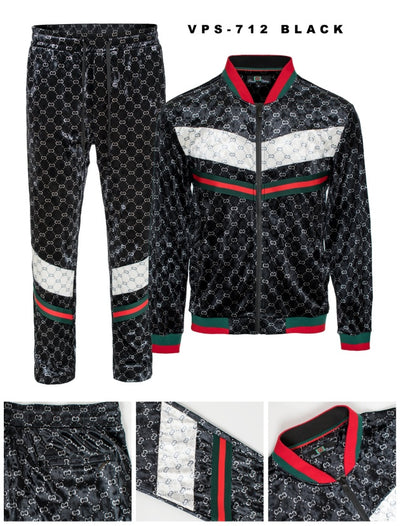 Men's Black Velvet Jogging Set Jacket and Pants Red and Green Strip SPV-712