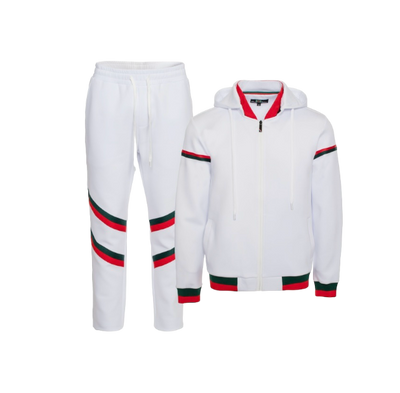 Premium GG Men's White Jogging Set with Hoodie Jacket Red and Green Strip