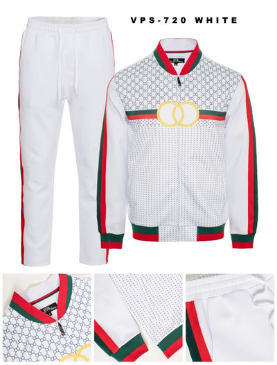 Premium GG Men's White Jogging Set Jackets and Pants Red and Green Strip