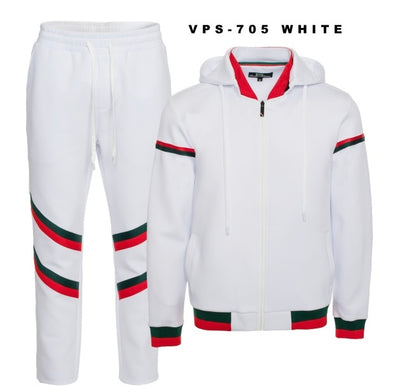 Premium GG Men's White Jogging Set with Hoodie Jacket Red and Green Strip