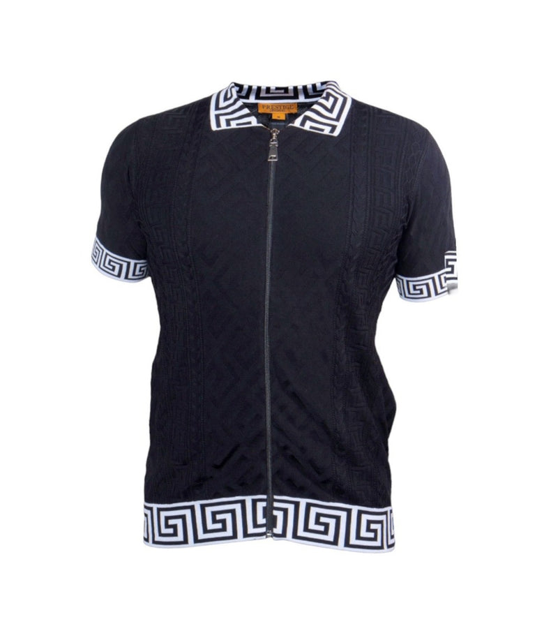 Prestige Black Full Zipper Polo T-Shirt Greek Key Luxury Style-220 Black