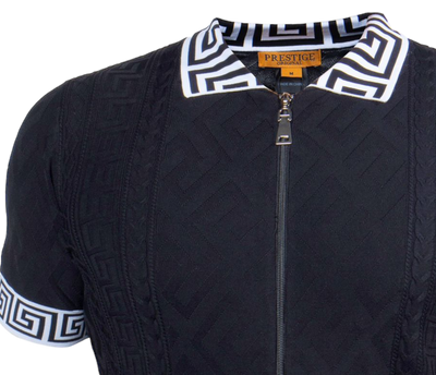 Prestige Black Full Zipper Polo T-Shirt Greek Key Luxury Style-220 Black