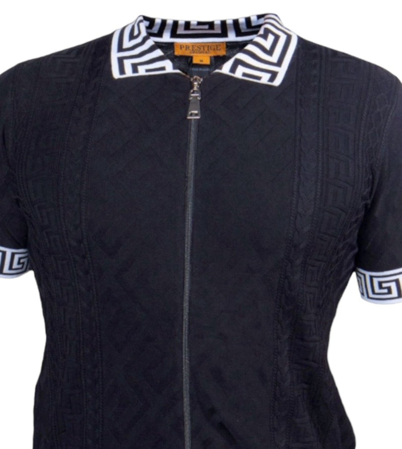 Prestige Black Full Zipper Polo T-Shirt Greek Key Luxury Style-220 Black