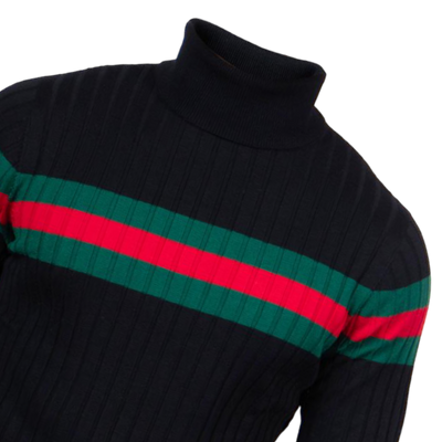 Prestige Black Men's Turtleneck Sweaters Regular-Fit Red and Green Stripe