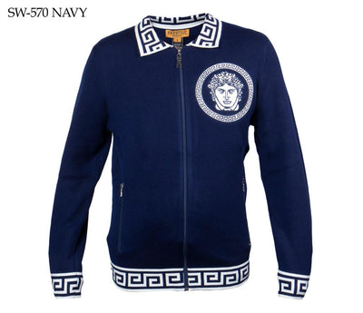 Prestige Blue Men's Polo Sweater with White Leather Medusa zipper Jacket