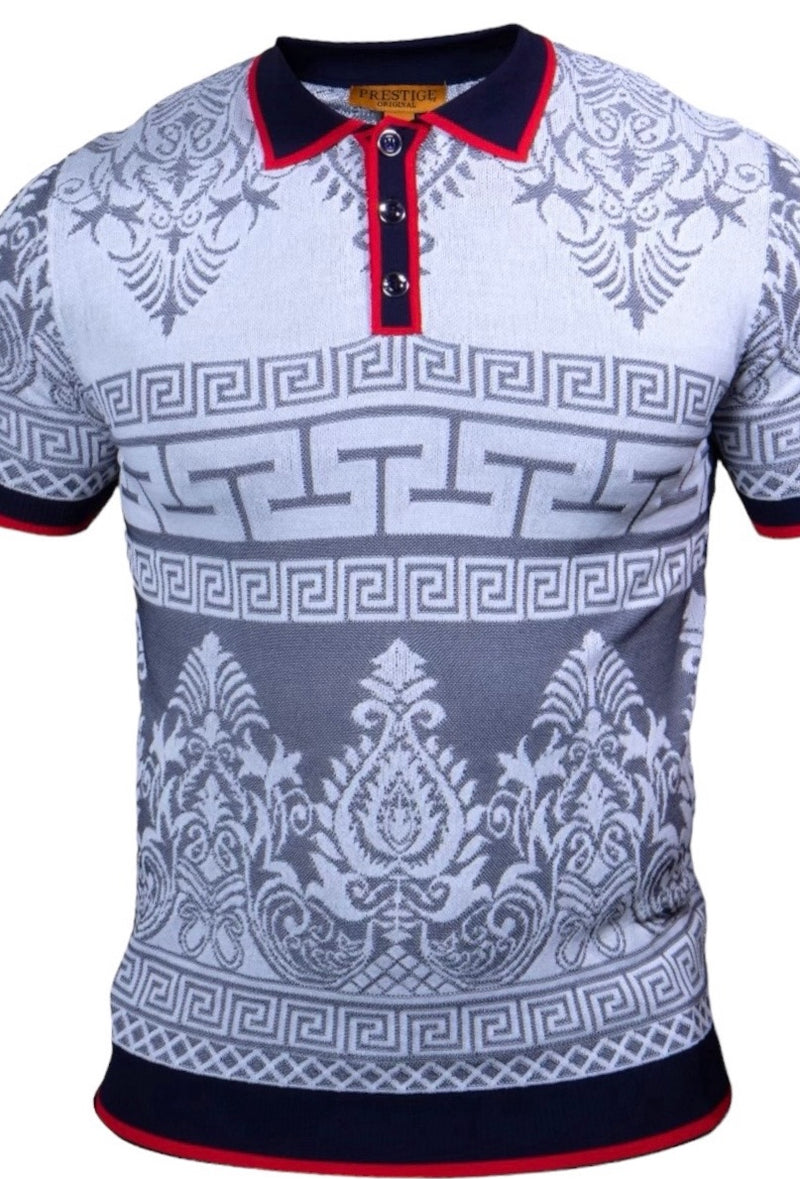 Prestige Blue Paisley Design Polo Shirt Greek Key Print Style: CKJ-259