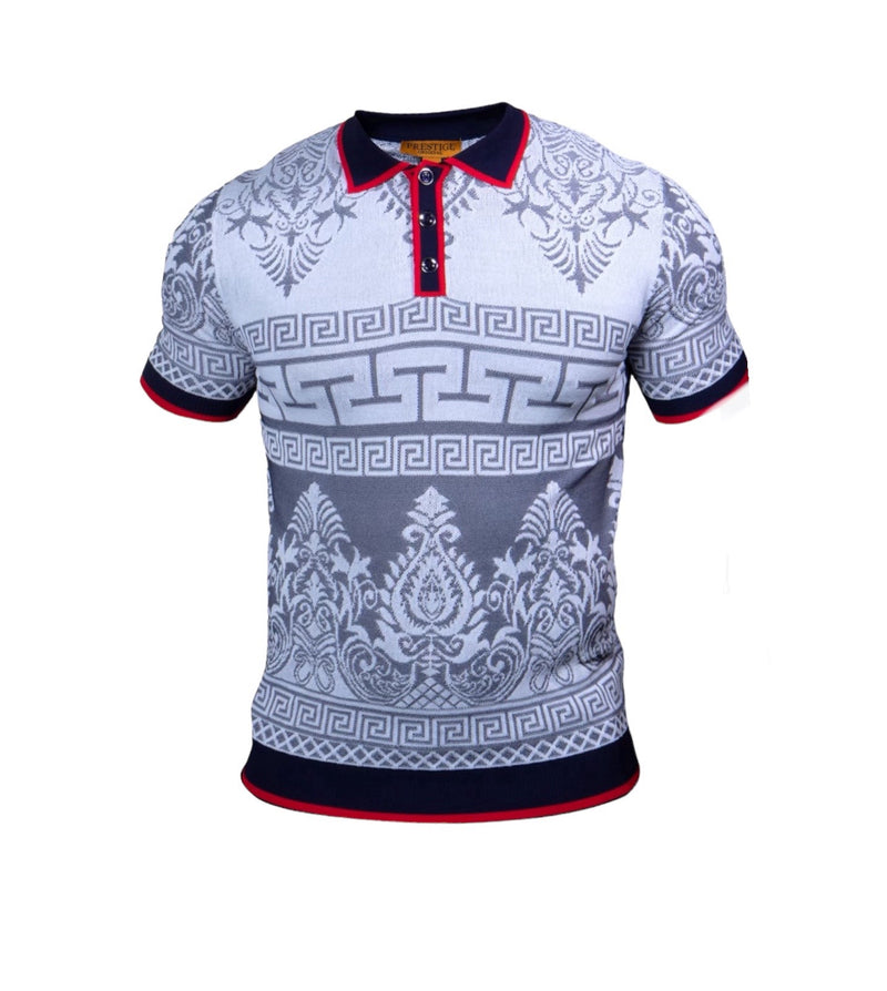 Prestige Blue Paisley Design Polo Shirt Greek Key Print Style: CKJ-259