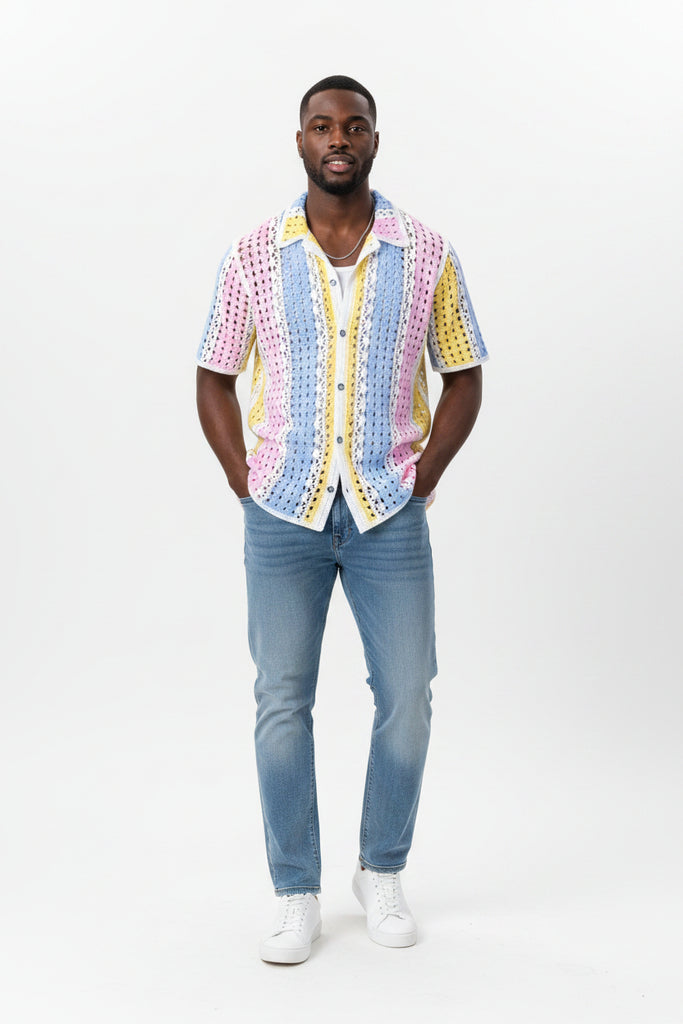 Prestige CRH-6325 BLUE Men's Crochet Knit Short Sleeve Shirt