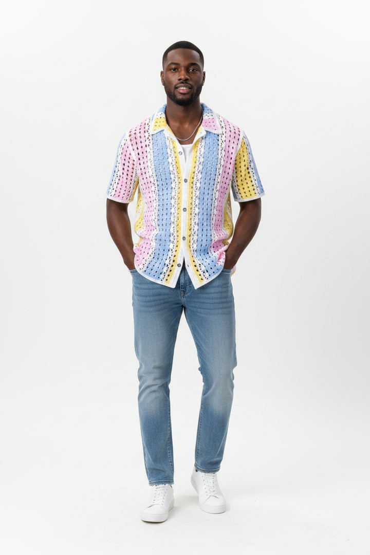 Prestige CRH-6325 BLUE Men's Crochet Knit Short Sleeve Shirt