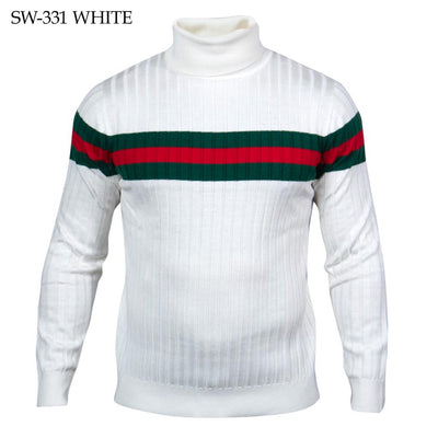 Prestige Men's White Turtleneck Sweaters Regular-Fit Red and Green Stripe