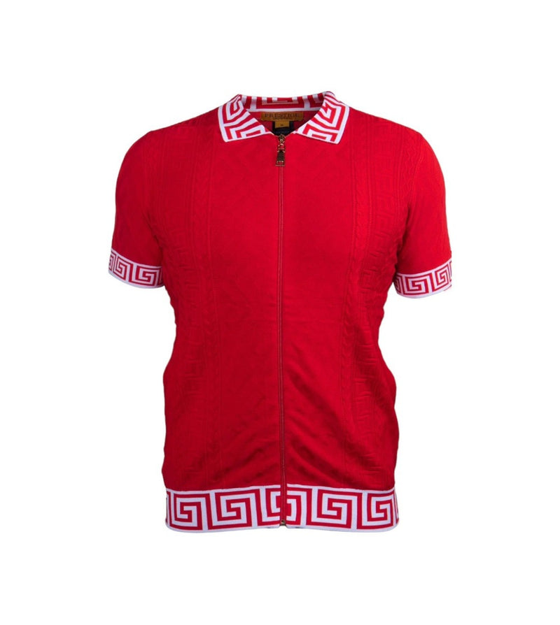 Prestige Red Full Zipper Polo T-Shirt Greek Key Luxury Style-220 Red