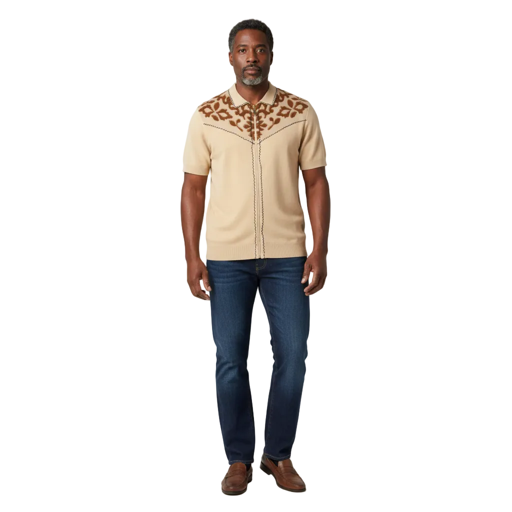 Prestige Tan Luxury Embroidery Design Men's Full Zipper Polo Shirt