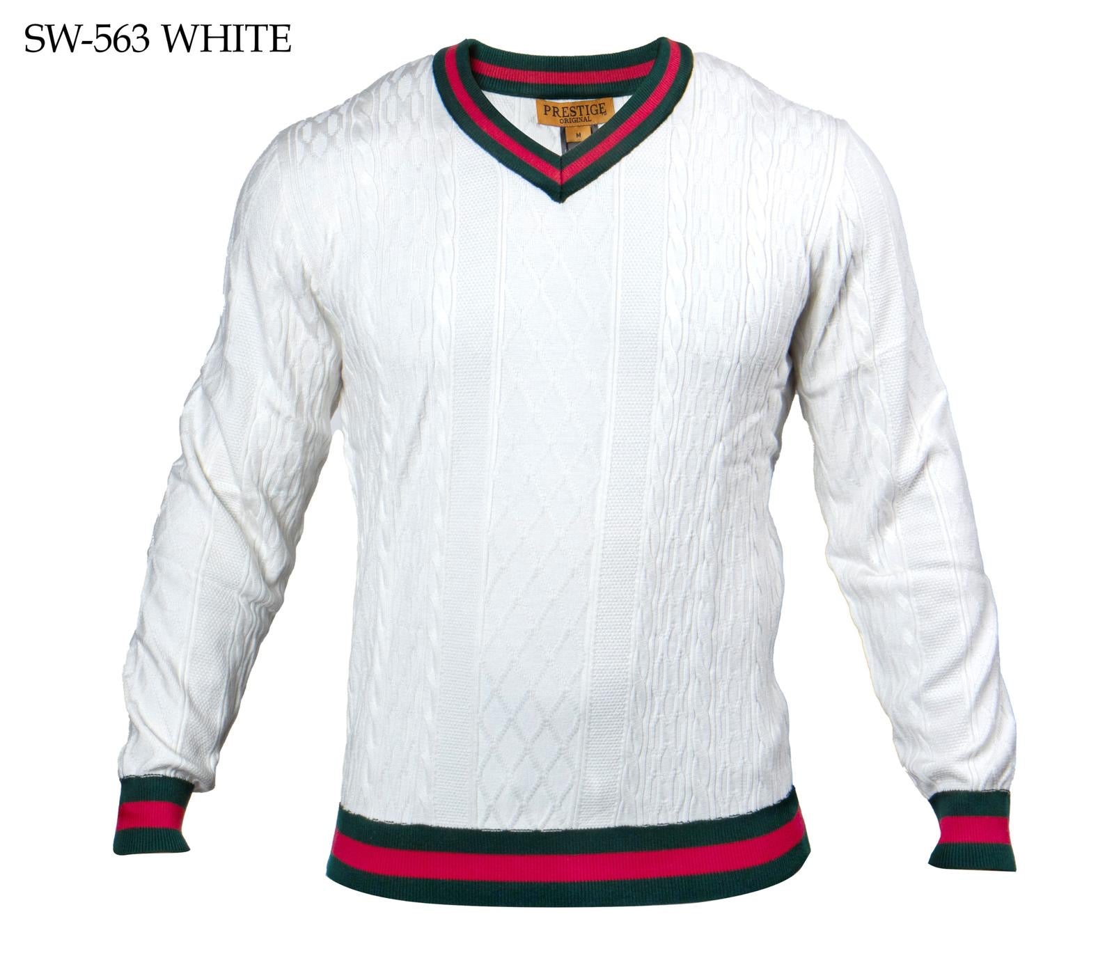 Prestige White Men's V-Neck Luxury Pullover Sweaters Green and Red
