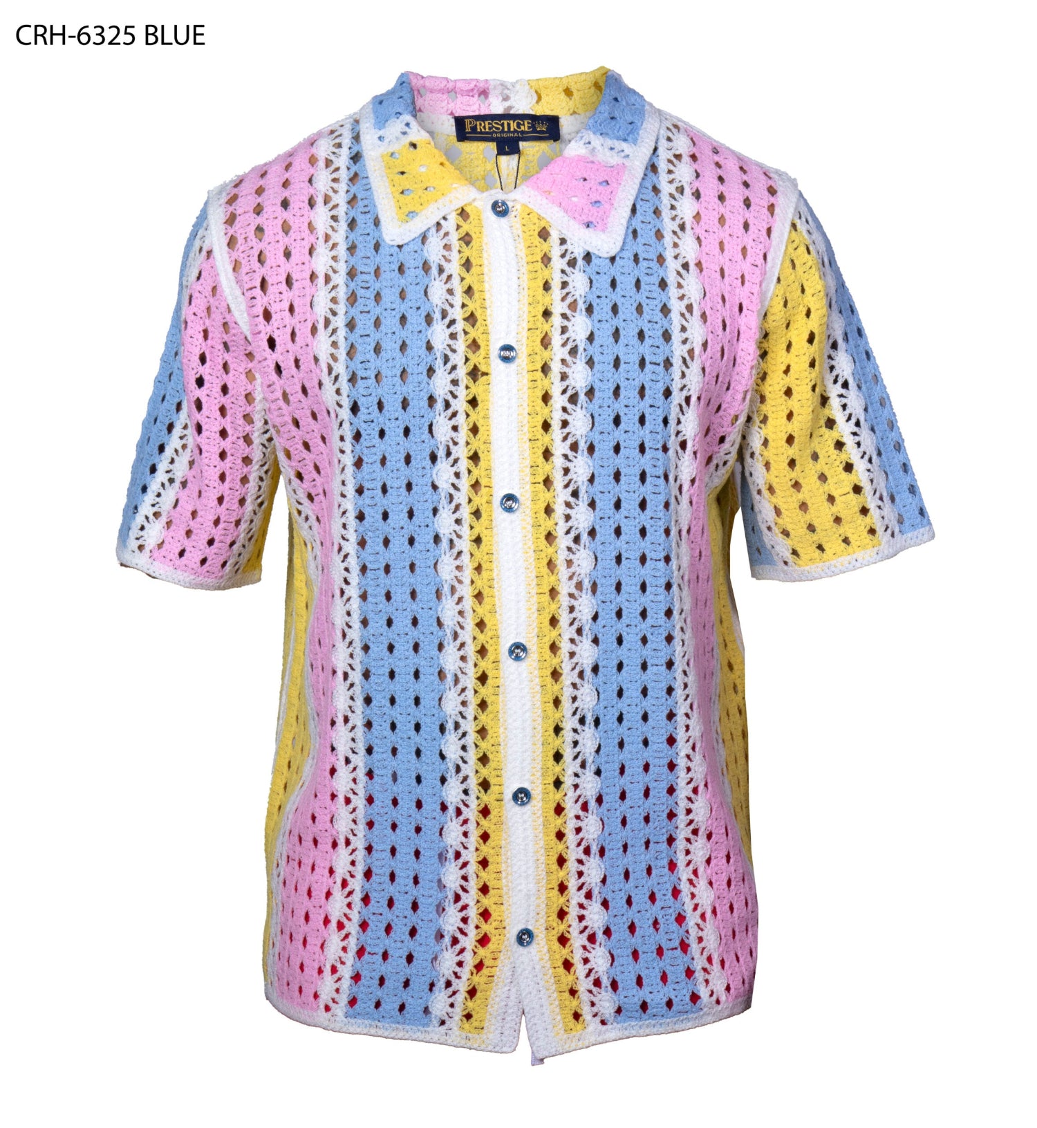 トップス BEAMS GRADATION CLOCHET KNIT SHIRT Prestige CRH-6325 BLUE Men's Crochet Knit Short Sleeve Shirt
