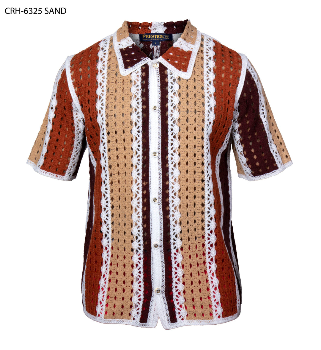 Prestige CRH-6325 SAND Men's Crochet Knit Short Sleeve Shirt