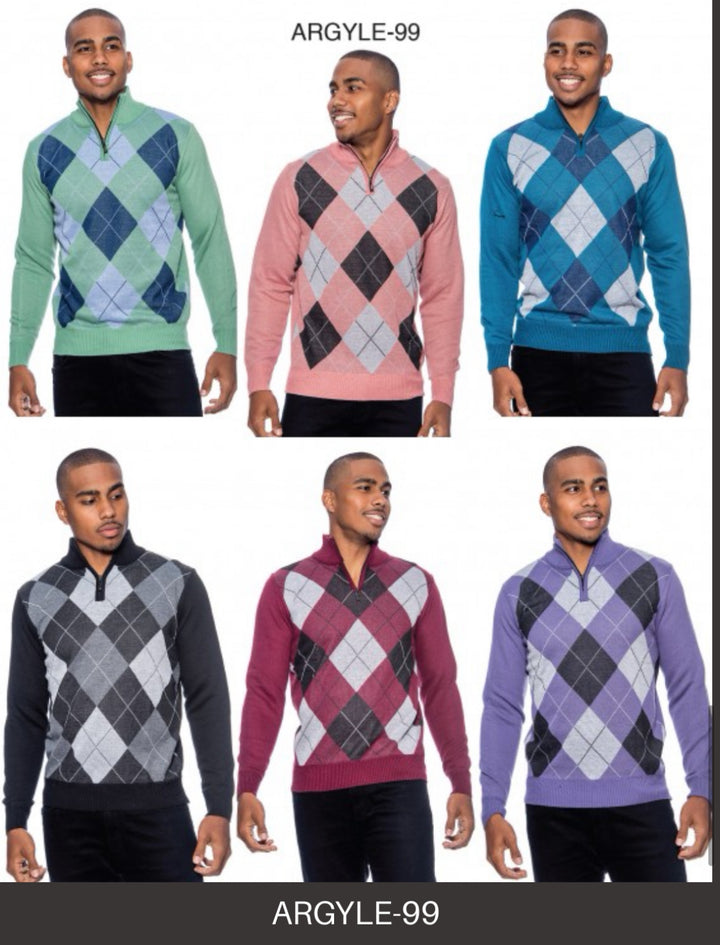 Purple Men's Crewneck Sweater Argyle Pattern Quarter Zip Up Long