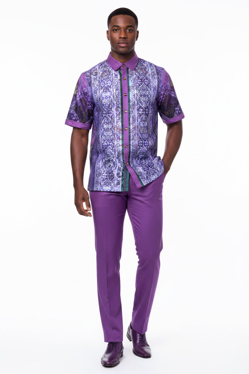 Purple Men's Linen Outfit Set Pants and Shirt LUX-660 Prestige 4XL / Purple