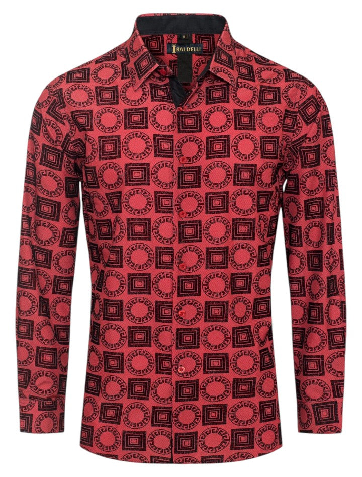 Red-Black Men's Printed Shirt Luxury Brand Long Sleeve Regular-Fit Baldelli Style No: CHLS-2067, XL / RED