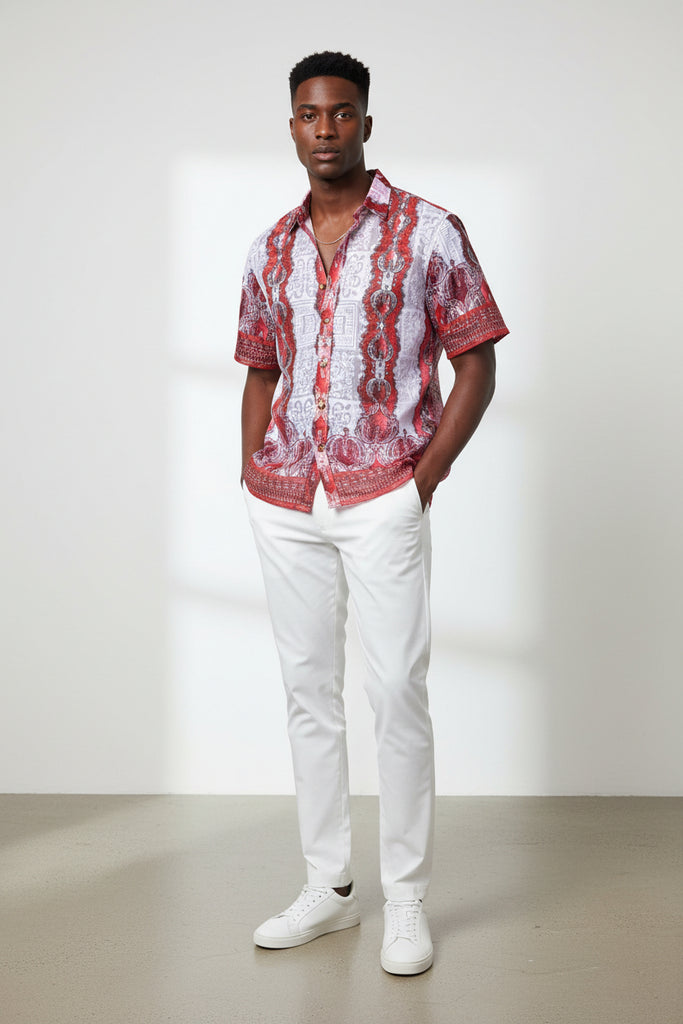 Red Linen Lace Men's Short Sleeves Buttons-up Shirt #615 XL / Red