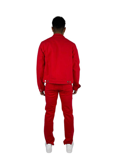 Red Men's Denim 2 Piece Set Fashion Casual Long Sleeve Jacket+Jeans Pants