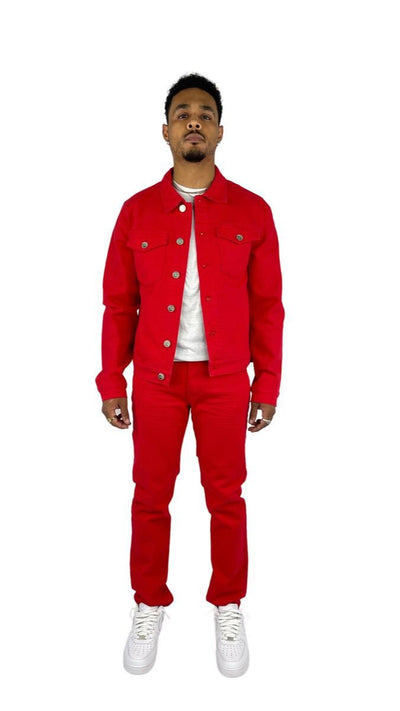 Red Men's Denim 2 Piece Set Fashion Casual Long Sleeve Jacket+Jeans Pants