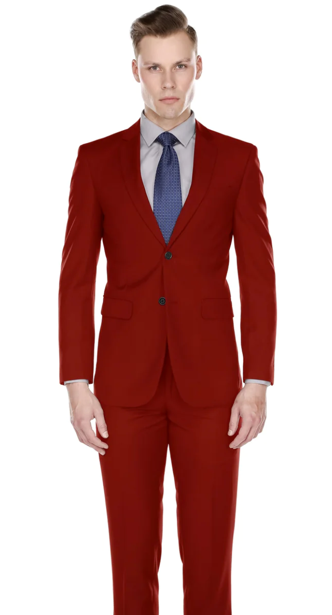 Red Men's Slim-Fit Suit Single Breast Notch Lapel flat Front Pants Sty   DESIGN MENSWEAR
