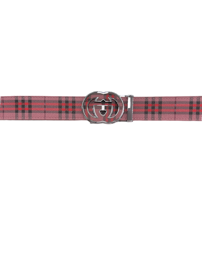 Red Plaid Men's Fashion Design Luxury Leather Belt Silver Buckle