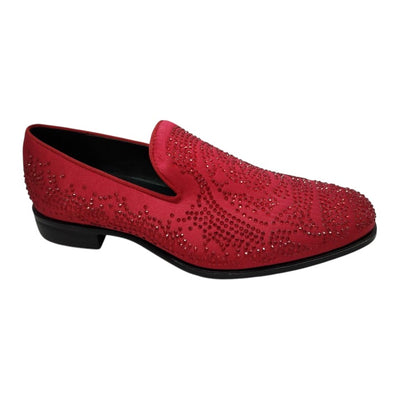 Red Satin Material Men's Shoes Glitter Stone Tuxedo Pron Slip-On Loafer Style-S61