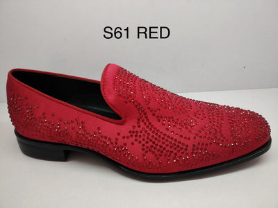 Red Satin Material Men's Shoes Glitter Stone Tuxedo Pron Slip-On Loafer Style-S61