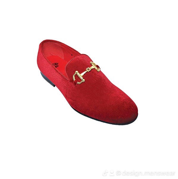 mens red velvet dress shoes Santimon Mens Velvet Penny Loafers Slip-on Metal Buckle Casual Shoes Leather Dress Shoes Red 10.5 US