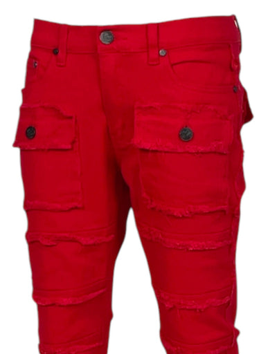 Red Stacked Jeans Men's Denim Pants Frayed Stack Fit with Pockets