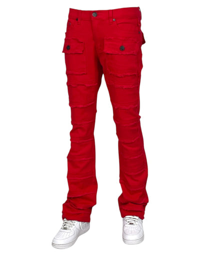 Red Stacked Jeans Men's Denim Pants Frayed Stack Fit with Pockets - DESIGN MENSWEAR