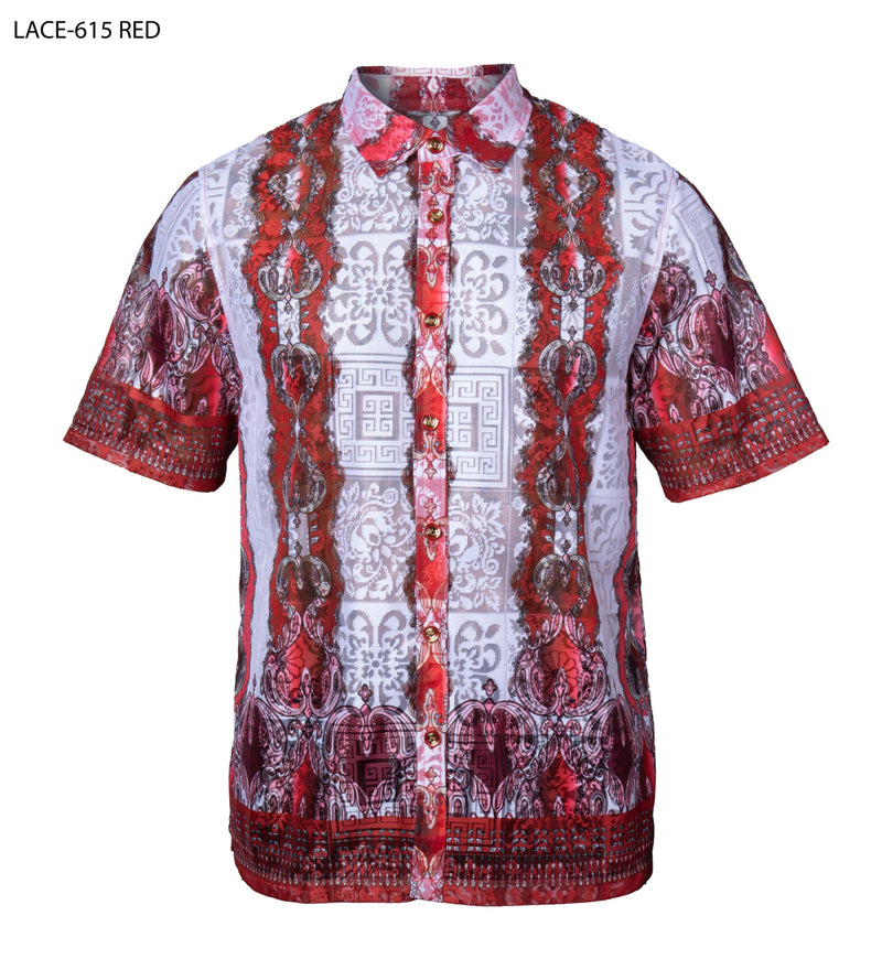 Red Linen Lace Men's Short Sleeves Buttons-up Shirt #615, XL / Red