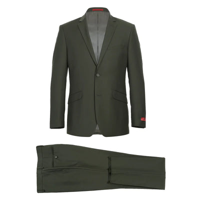 Renoir Olive men's slim fit suit single breasted notch lapel flat front pants